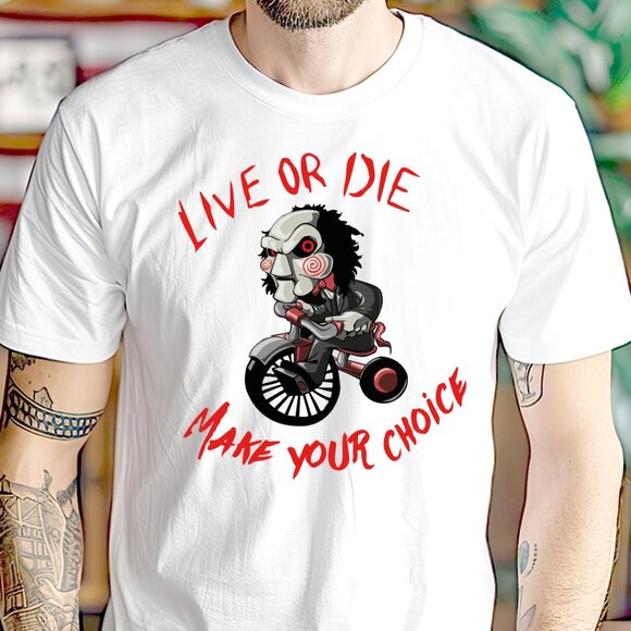 Billy, Jig Saw Horror Movie . Live or Die Make Your Choice T-Shirt . Graphic Tee - Picture 1 of 4